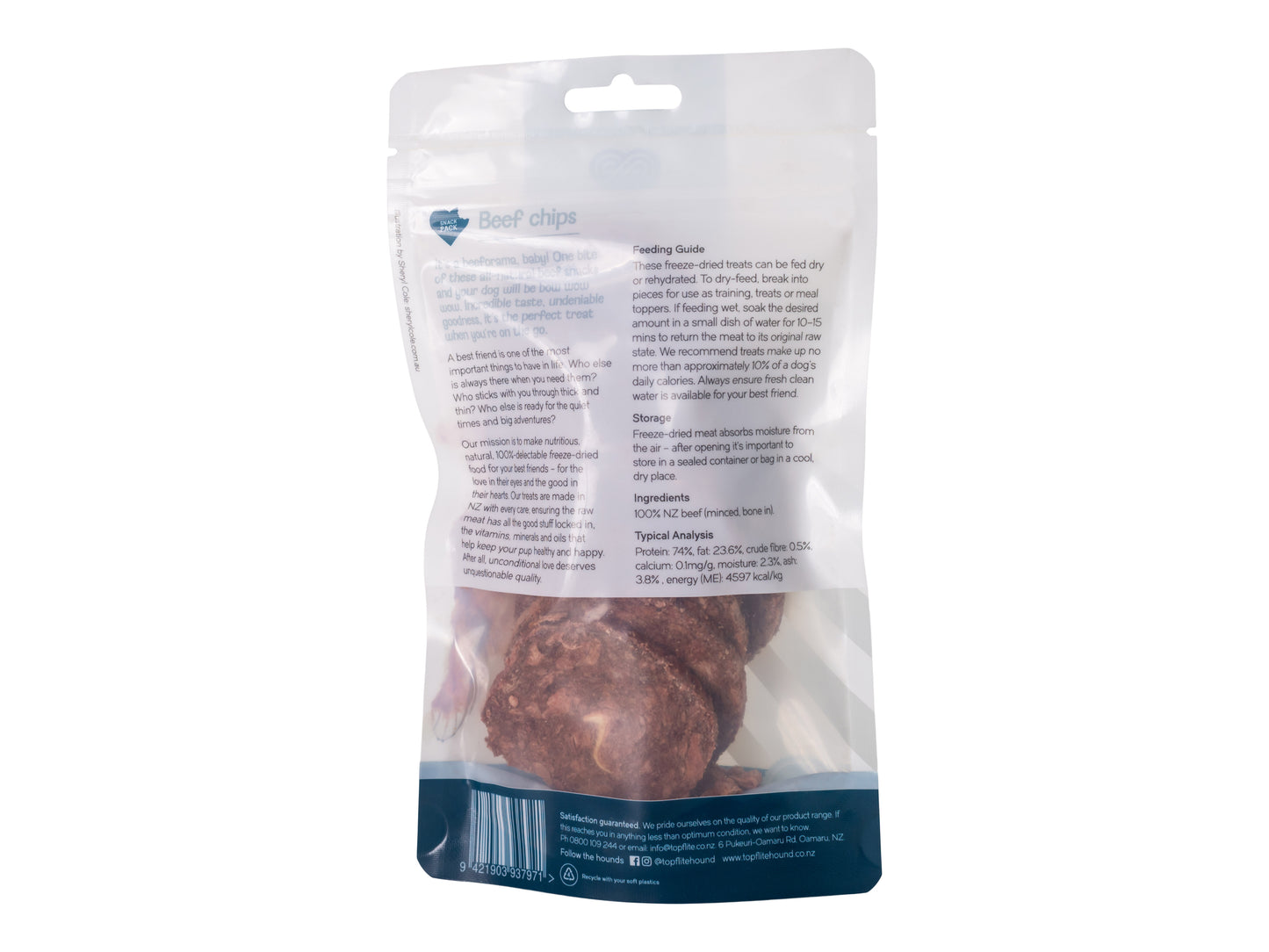 Topflite Hound Beef Chips Snack Pack 50g back of packet