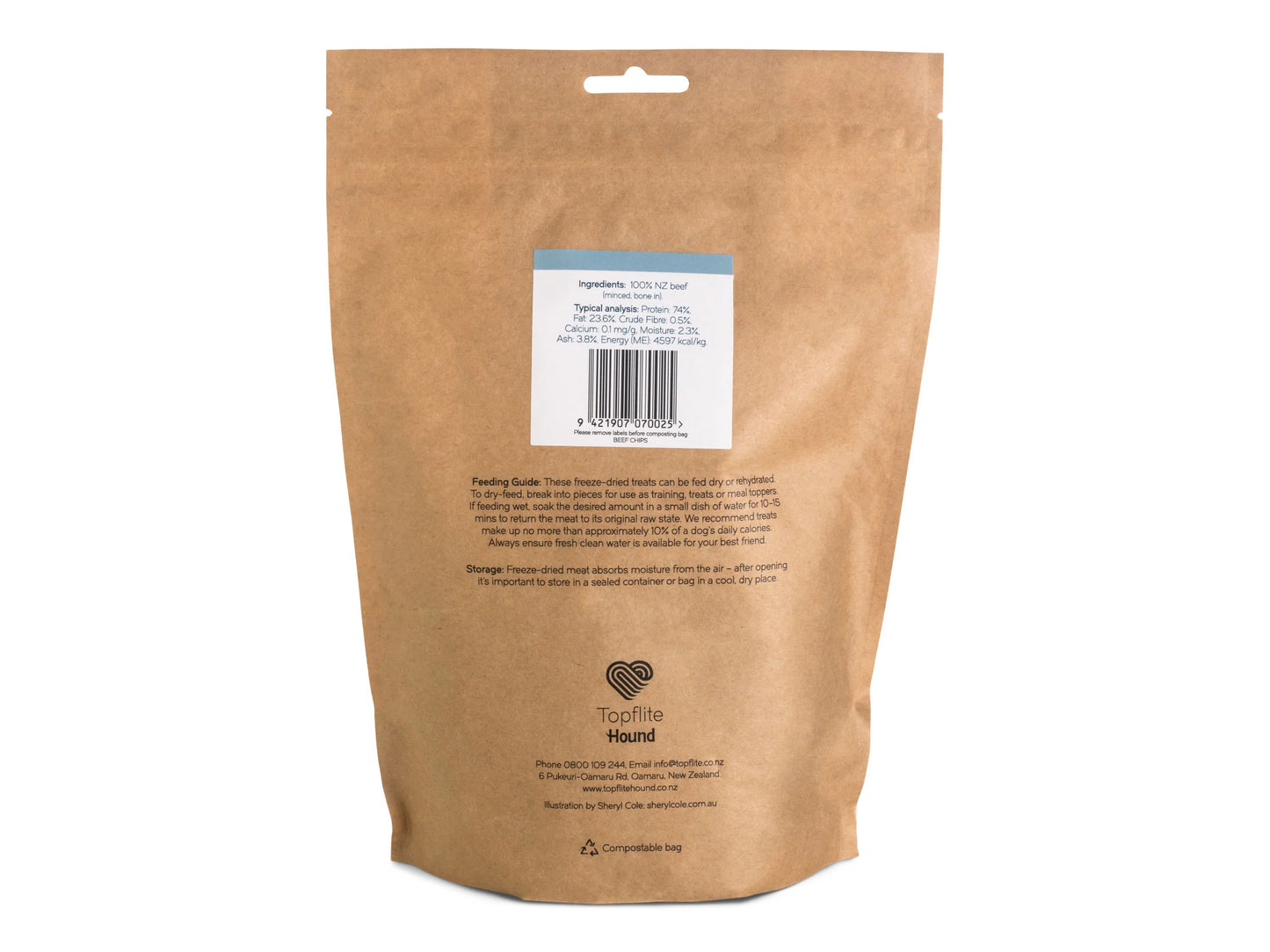 Topflite Hound Beef Chips refill pack back of packet