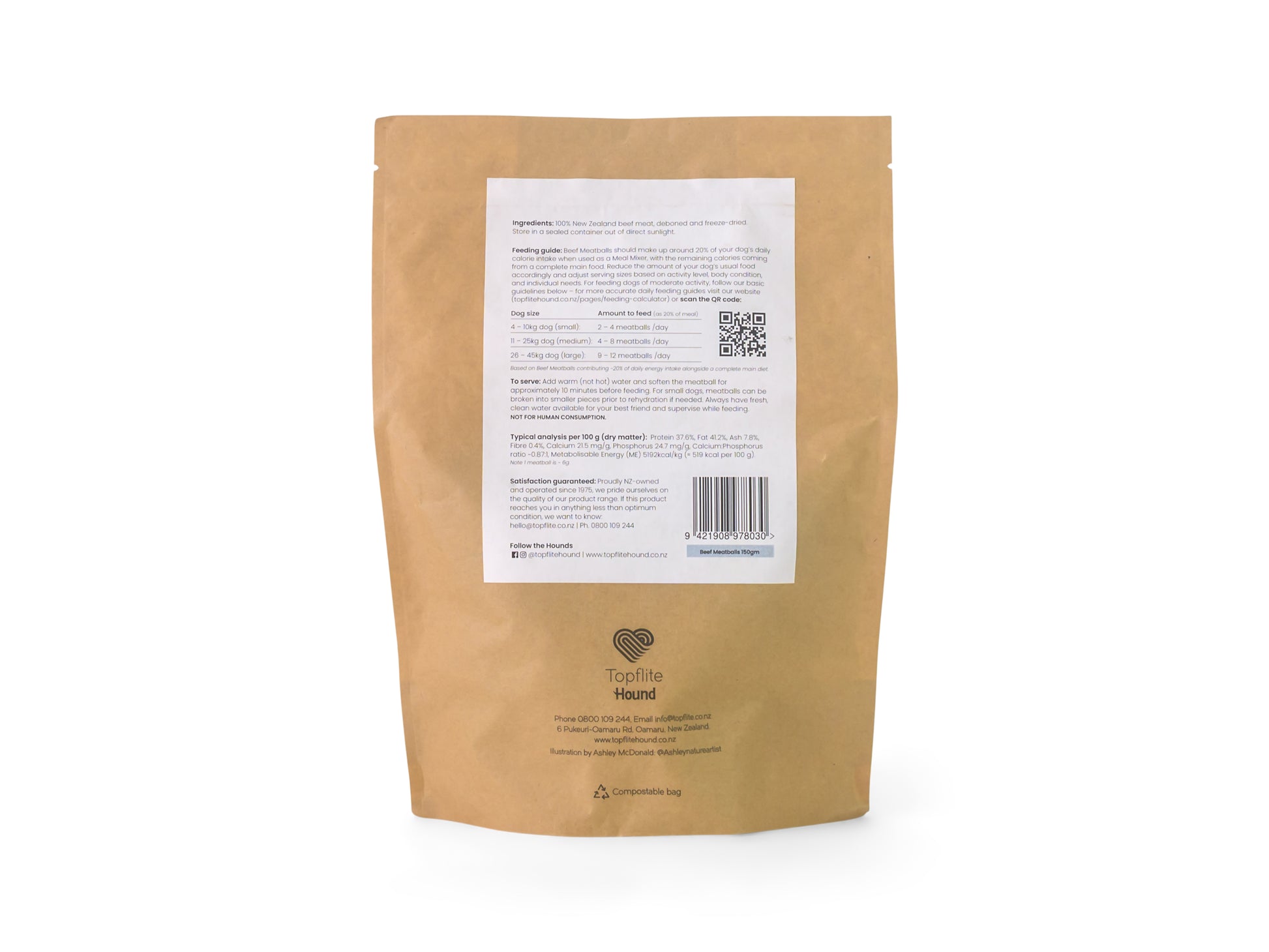 Back of Topflite Hound Beef Meatballs 150gm