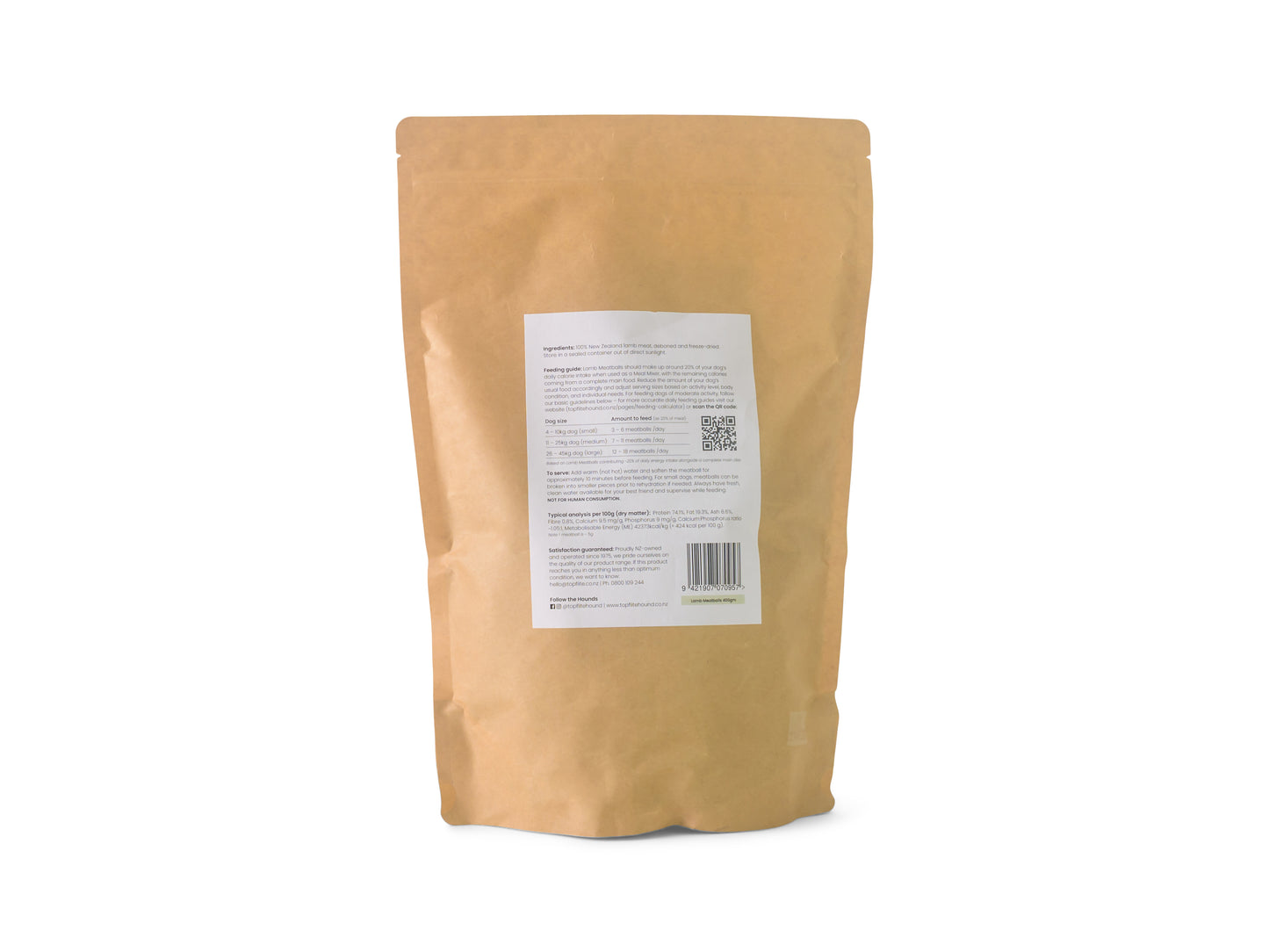 Back of Topflite Hound Meatballs Lamb 400gm