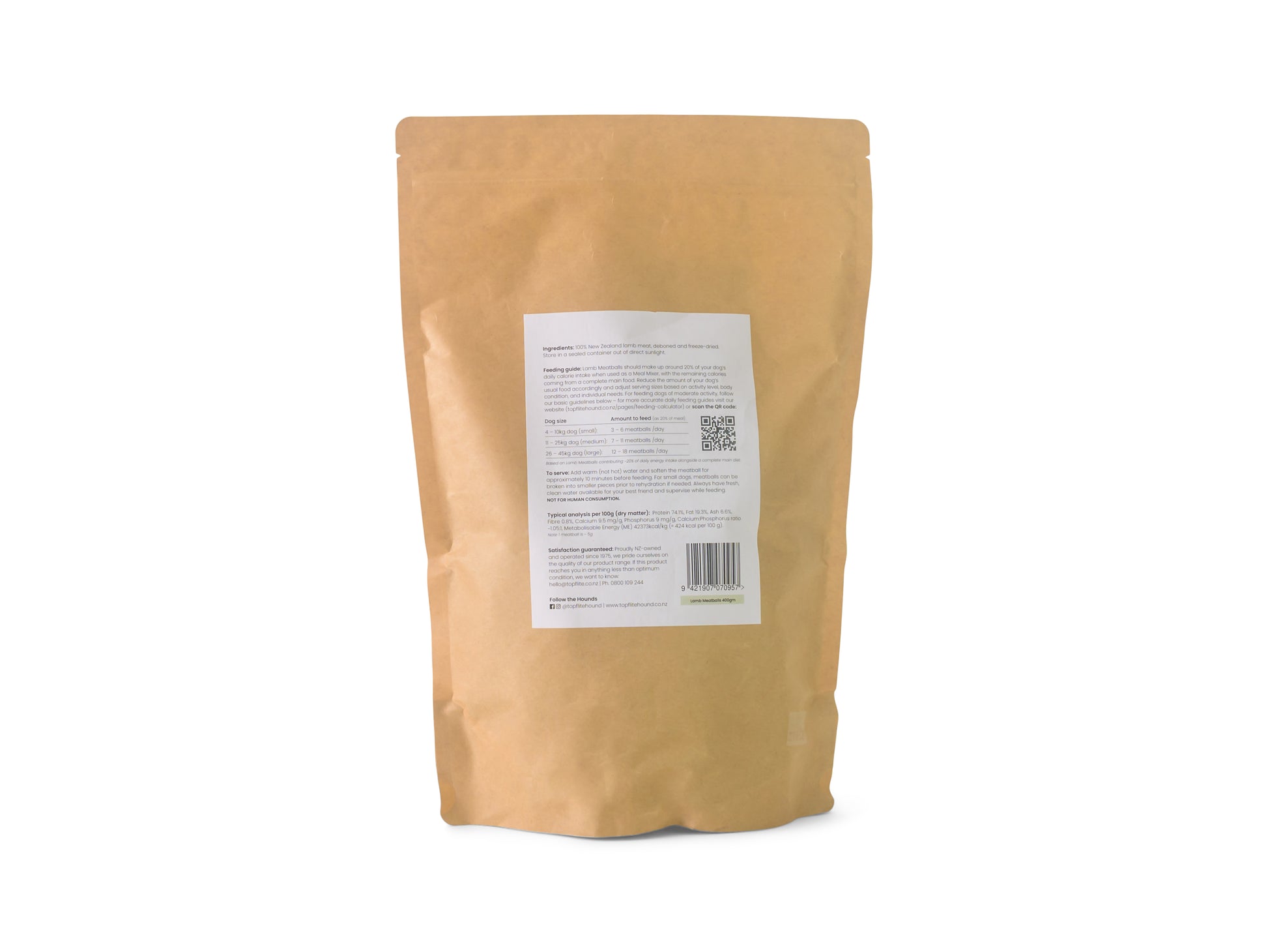 Back of Topflite Hound Meatballs Lamb 400gm