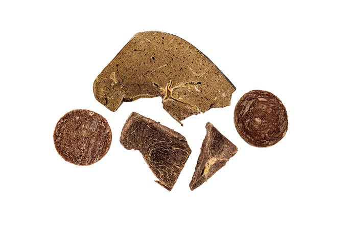 Freeze-dried dog treats including beef chips, liver, and steak bites.